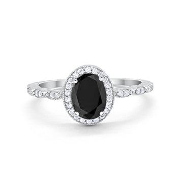Oval Engagement Ring Halo Bridal Simulated Black CZ 925 Sterling Silver